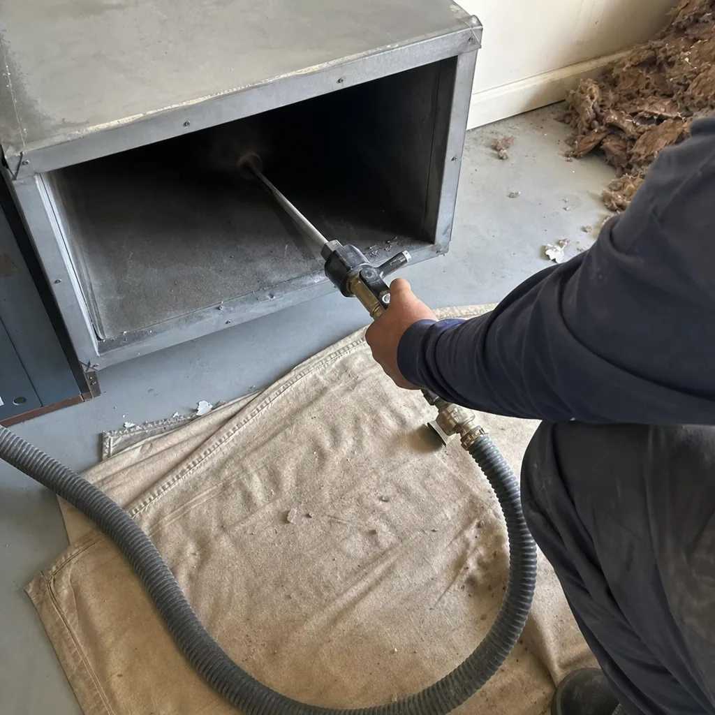 Technician performing professional residential air duct cleaning service