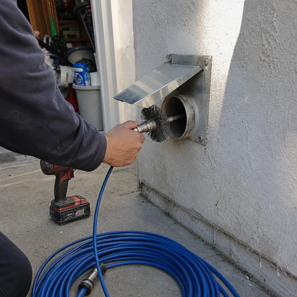Technician using a rotary brush to clean an exterior dryer vent.