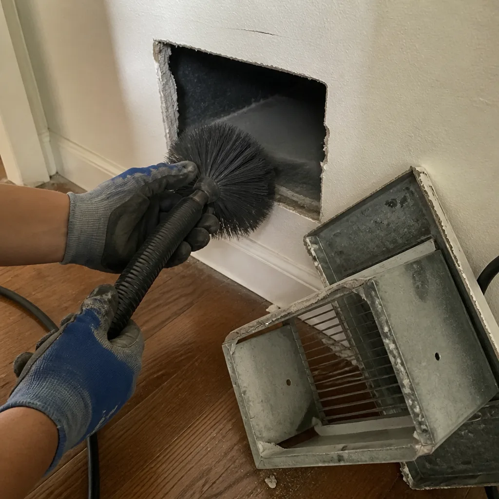 Technician using a rotary brush tool to clean residential air duct.