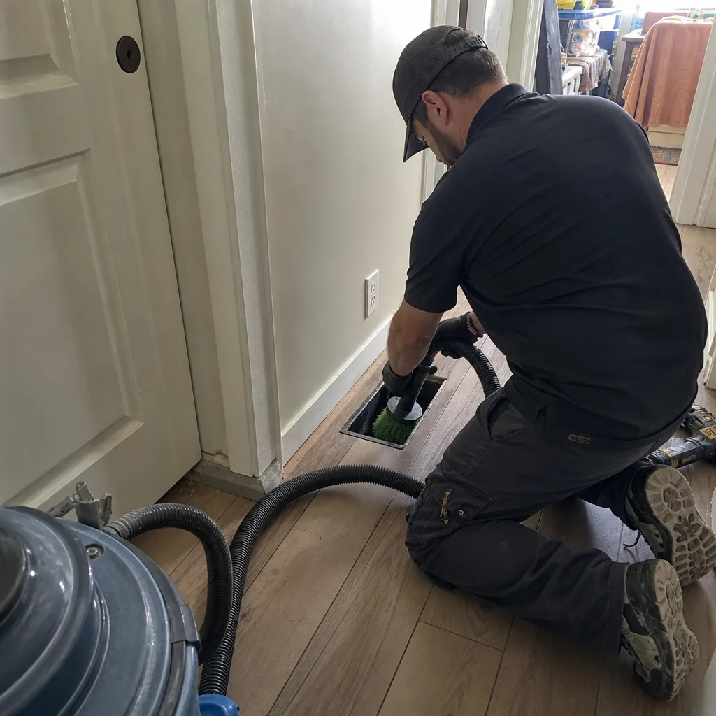Professional air duct cleaning technician cleaning residential floor vent